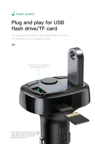 Bluetooth CAR KIT оригинален BASEUS с вграден FM трансмитер USB зарядно и четец на Micro SD карти черен